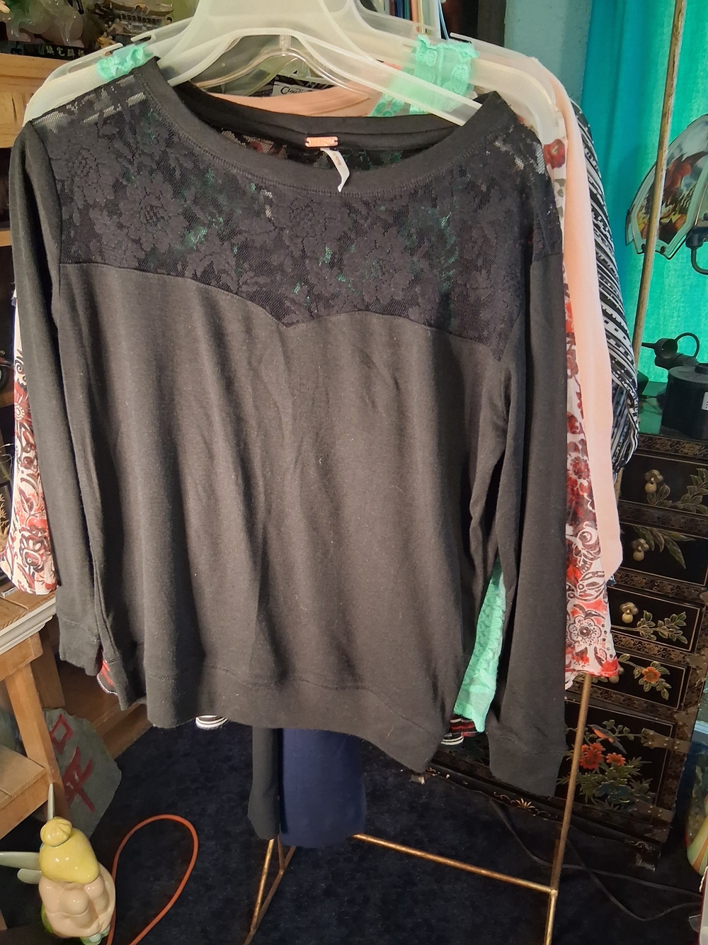 Poof! Black Lace Yoke Long Sleeve Top